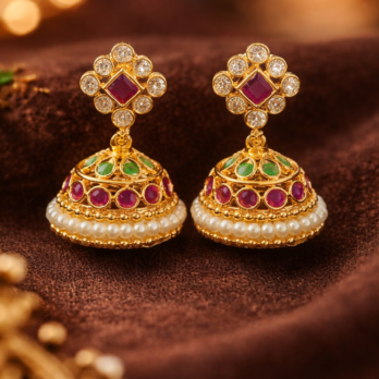 Traditional Gold-Finish Kundan Jhumka Earrings with Pearl Drops