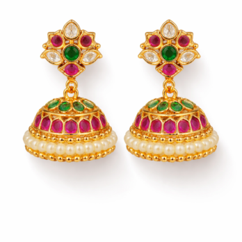 Gold-Finish Kundan Jhumka Earrings with Green & Ruby Stones