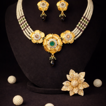 Royal Pearl Choker Set with Floral Gold Motif