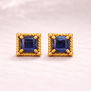 Blue Stone Stud Earrings with Gold Edge